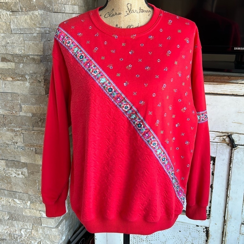 Vintage 80s Blast Blues red crewneck sweatshirt floral ribbon grandma core